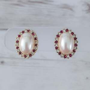 Vintage Monet Clip On Earrings Large Oval Faux Pearl with Red & Clear Gems Halo